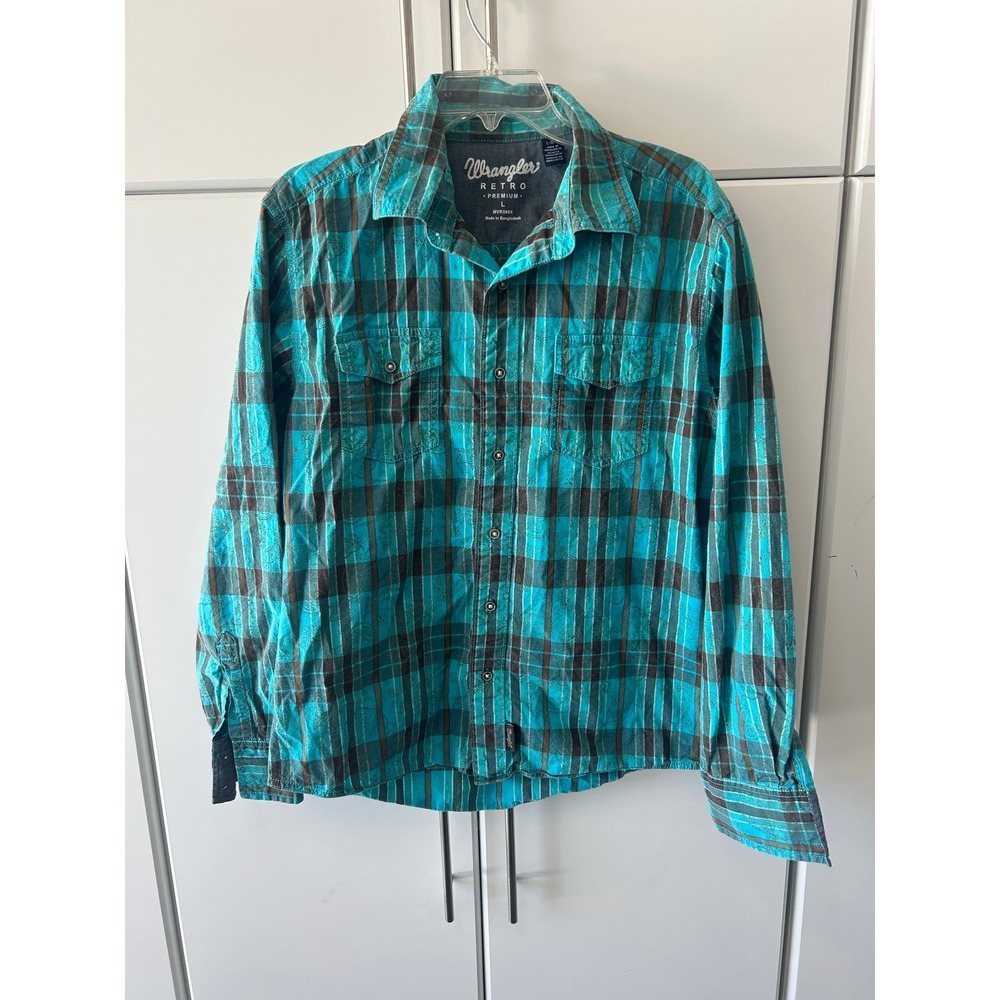 Wrangler Retro Premium Mens Large Turquoise Brown Plaid Paisley Snap Shirt L